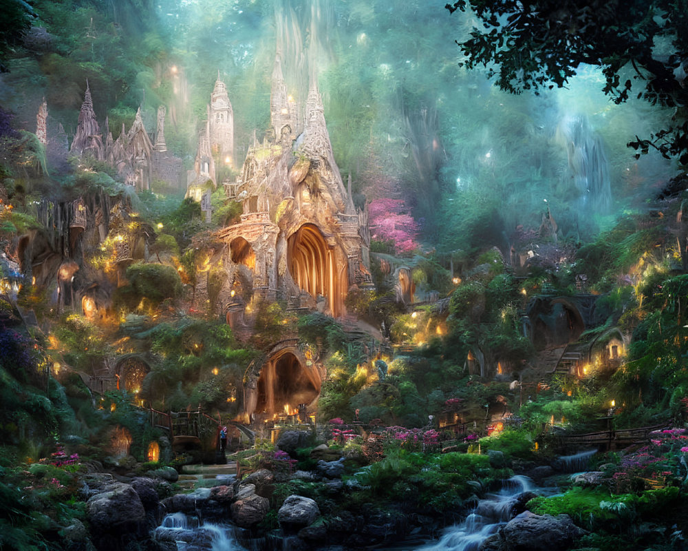Majestic castle in enchanting fantasy forest with glowing light