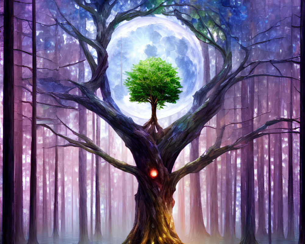 Enchanting forest scene with large and small trees under full moon