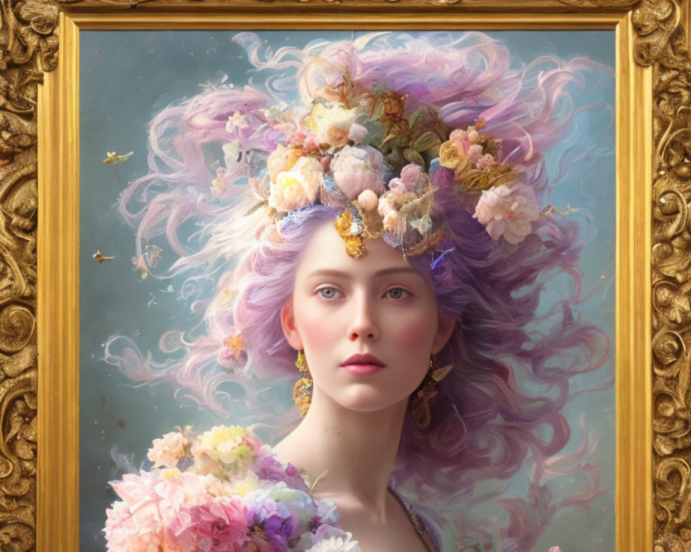 Portrait of Woman with Pastel Purple Hair and Floral Headdress in Ornate Golden Frame