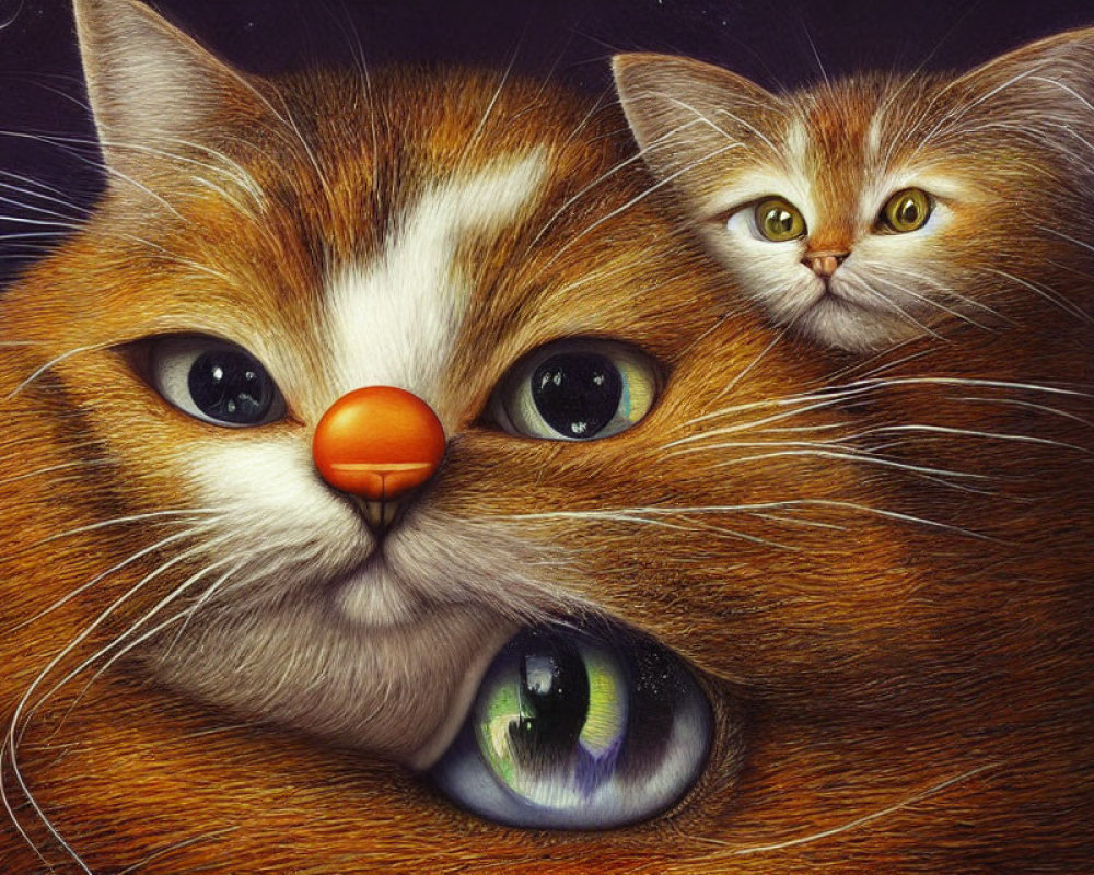 Illustration of stylized orange and white cat with peeking kitten in similar colors