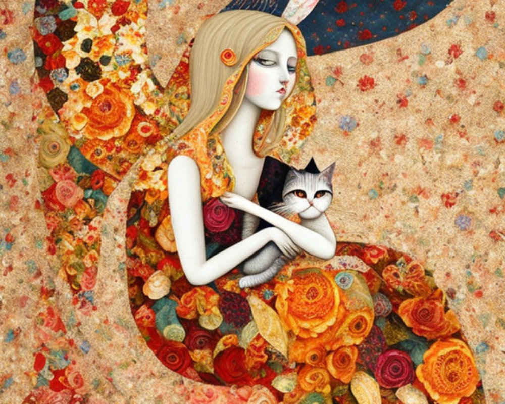 Colorful Illustration of Woman with Butterfly Wings and Cat in Floral Setting