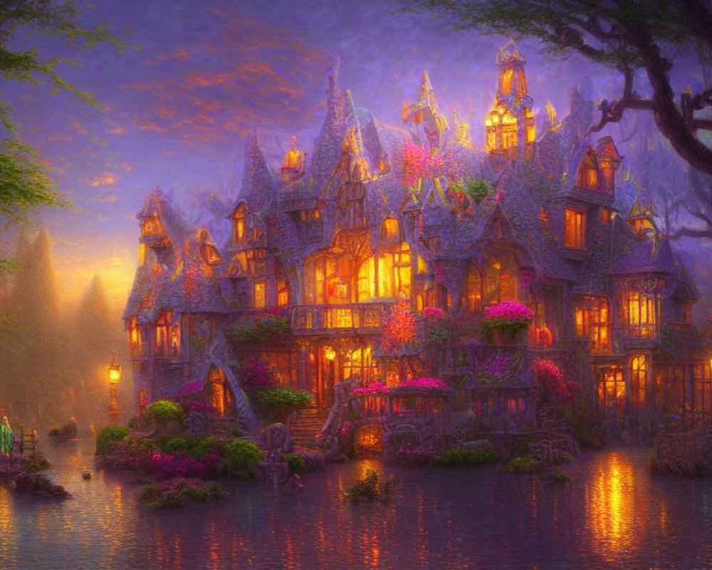 Twilight fairy-tale cottage by serene lake and lush vegetation