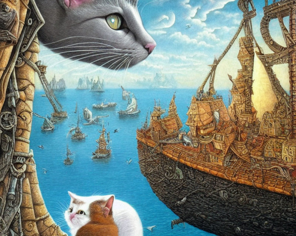 Giant cat watching ships with smaller cat under cloudy skies