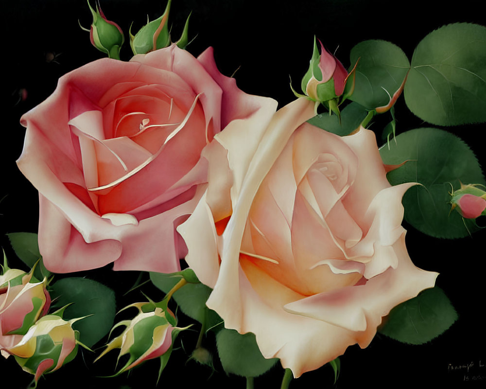 Large peach and pink roses with buds and leaves on dark background.