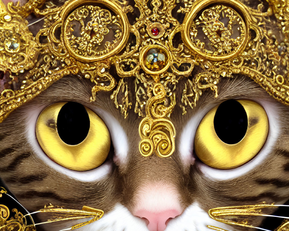 Elaborately patterned cat with golden headgear and striking yellow eyes