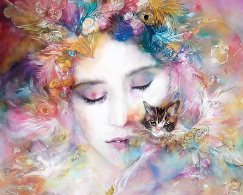 Colorful painting of woman with feathers, bubbles, and cat.