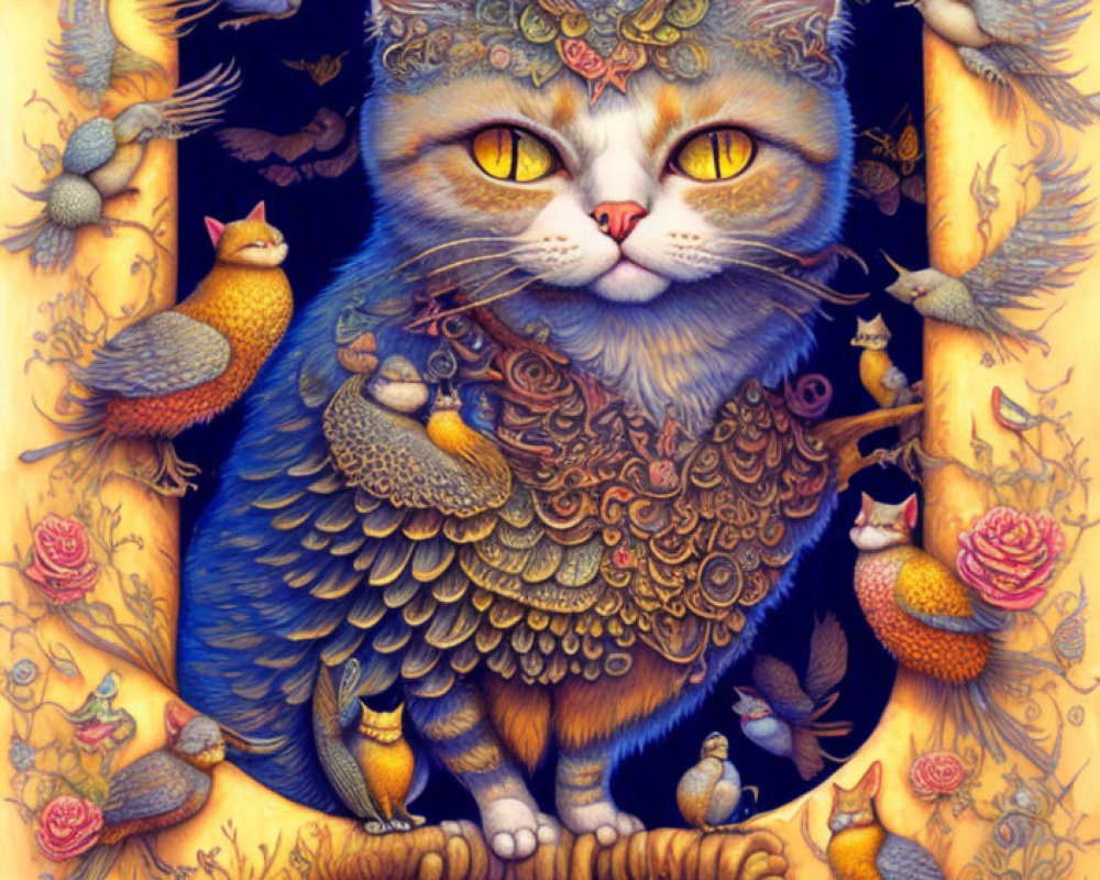 Detailed illustration of majestic cat with birds in vibrant colors