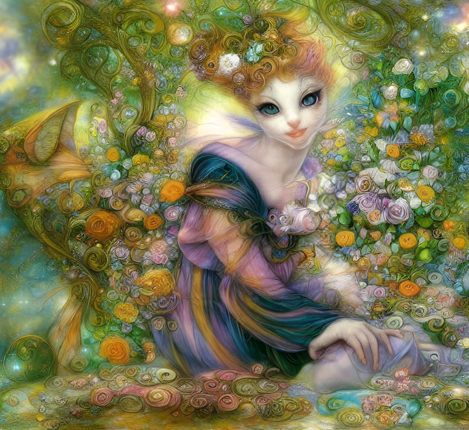 Ethereal fantasy illustration of whimsical female figure with floral motifs