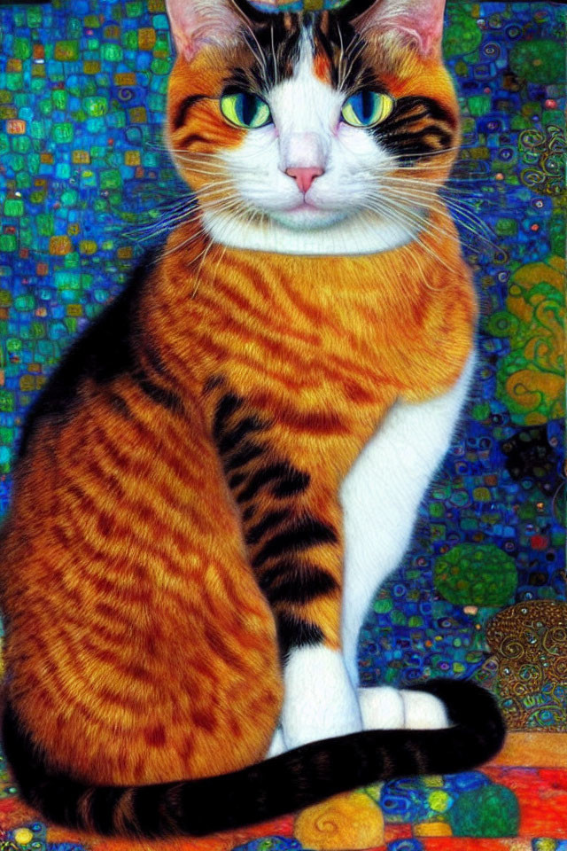 Vibrant Cat Artwork with Orange Stripes and Mosaic Background
