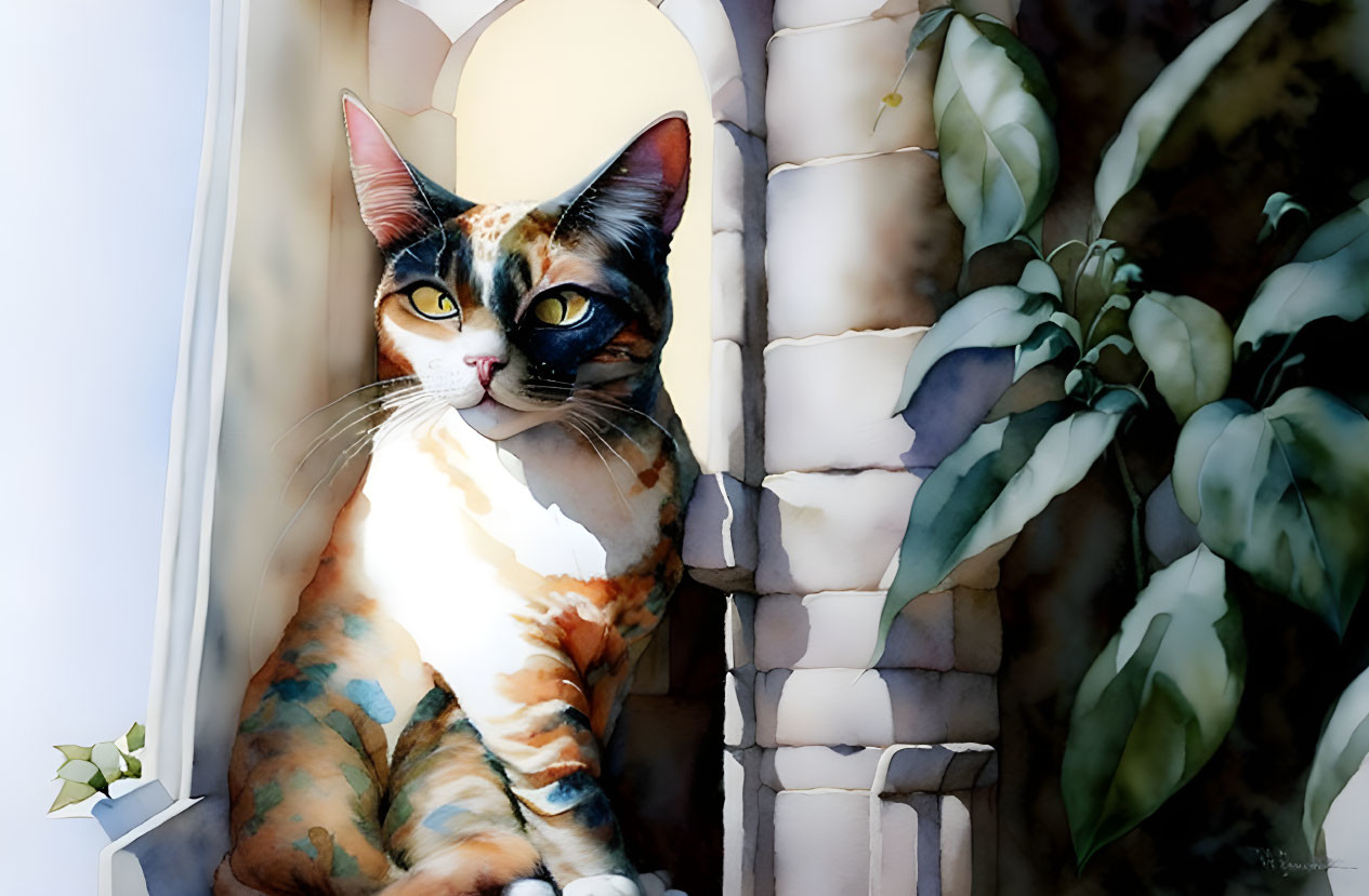 Calico Cat with Vivid Markings Beside Stone Entryway and Plant