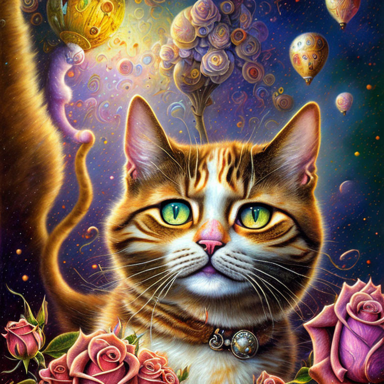 Colorful Tabby Cat Artwork with Cosmic Background and Roses