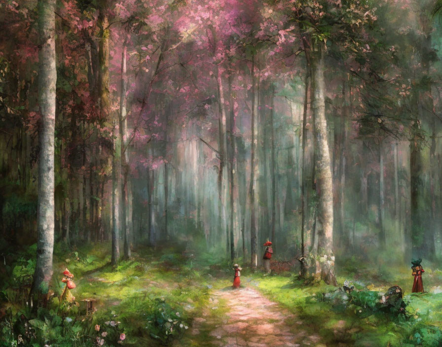Tranquil forest scene with figures in red under dappled sunlight