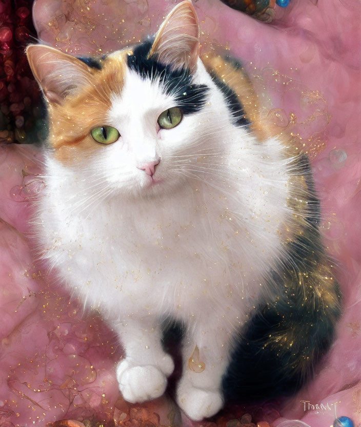 Calico Cat with Green Eyes on Pink and Multi-Colored Background