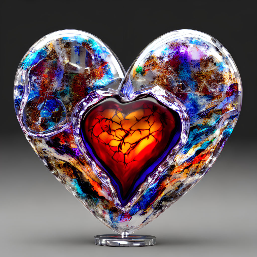 Colorful Heart-shaped Translucent Sculpture with Smaller Red Heart