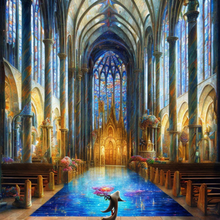 Cathedral interior with stained glass windows and cartoon cat figure