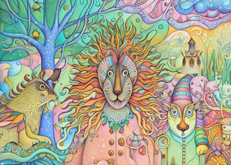 Colorful surreal illustration: Lion with tree-like mane, whimsical creatures, houses, landscapes
