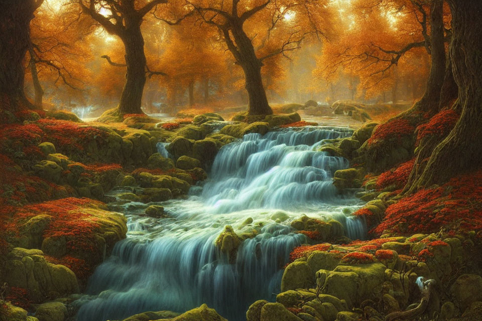 Vibrant autumn forest with cascading waterfall and golden light