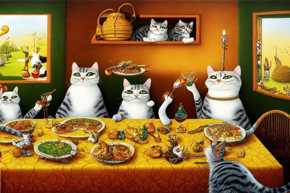 Anthropomorphic Cats Dining with Paintings and Decor
