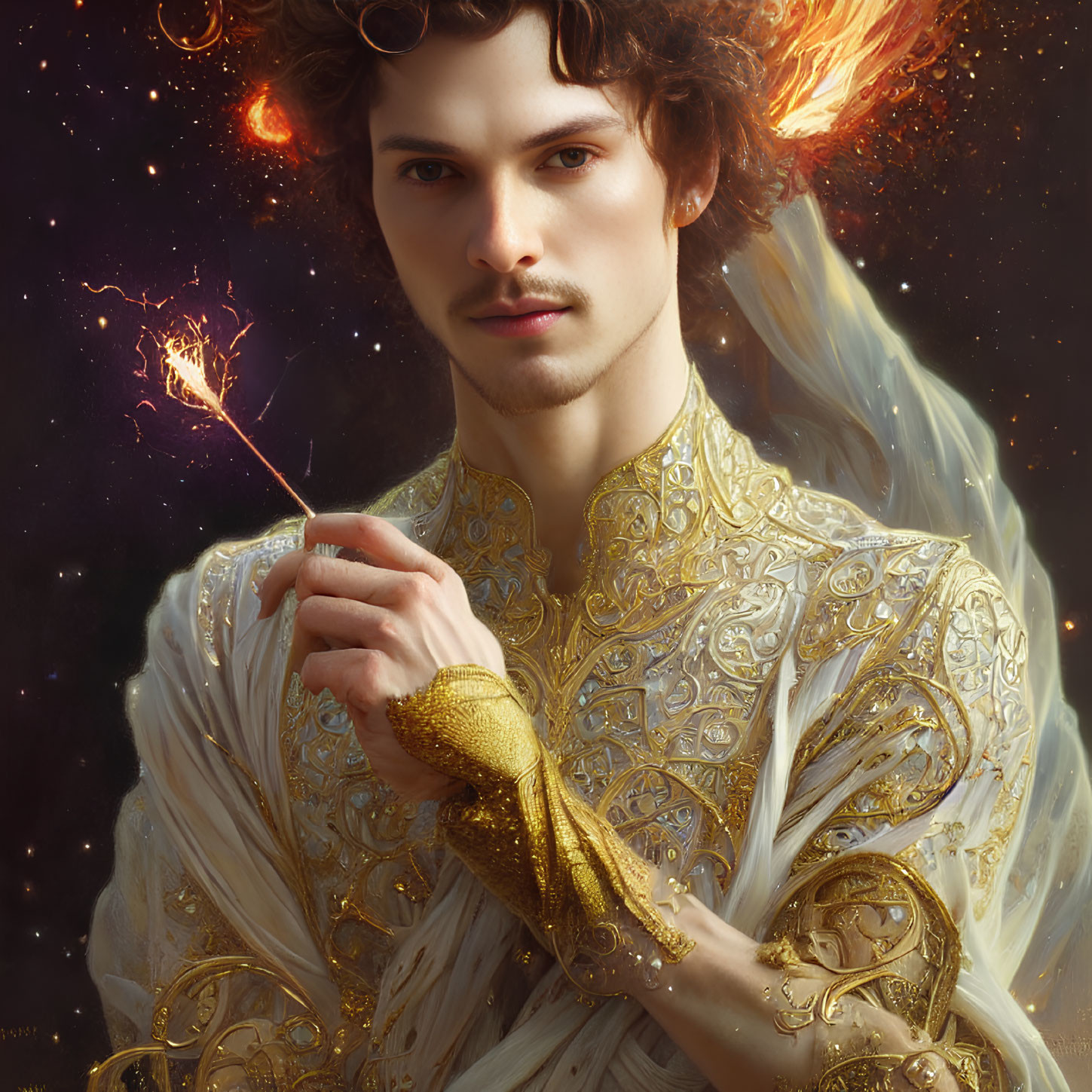Curly-Haired Young Man in Golden-White Robe with Glowing Dandelion and Cosmic