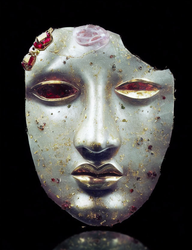 Ancient Metallic Mask with Ruby Eyes and Gold Leaf Remnants