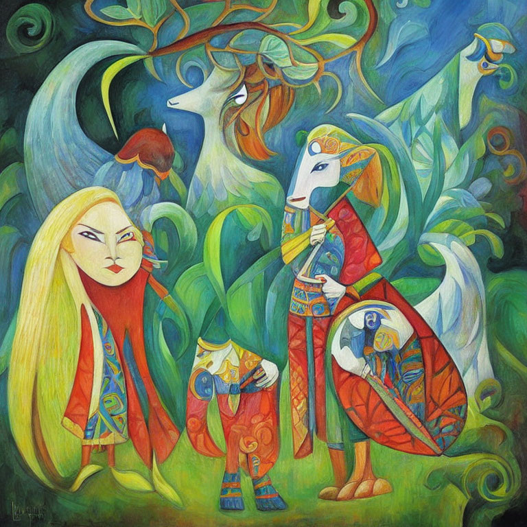 Colorful painting of human figures with animal-like faces in red and blue attire on a swirling green background