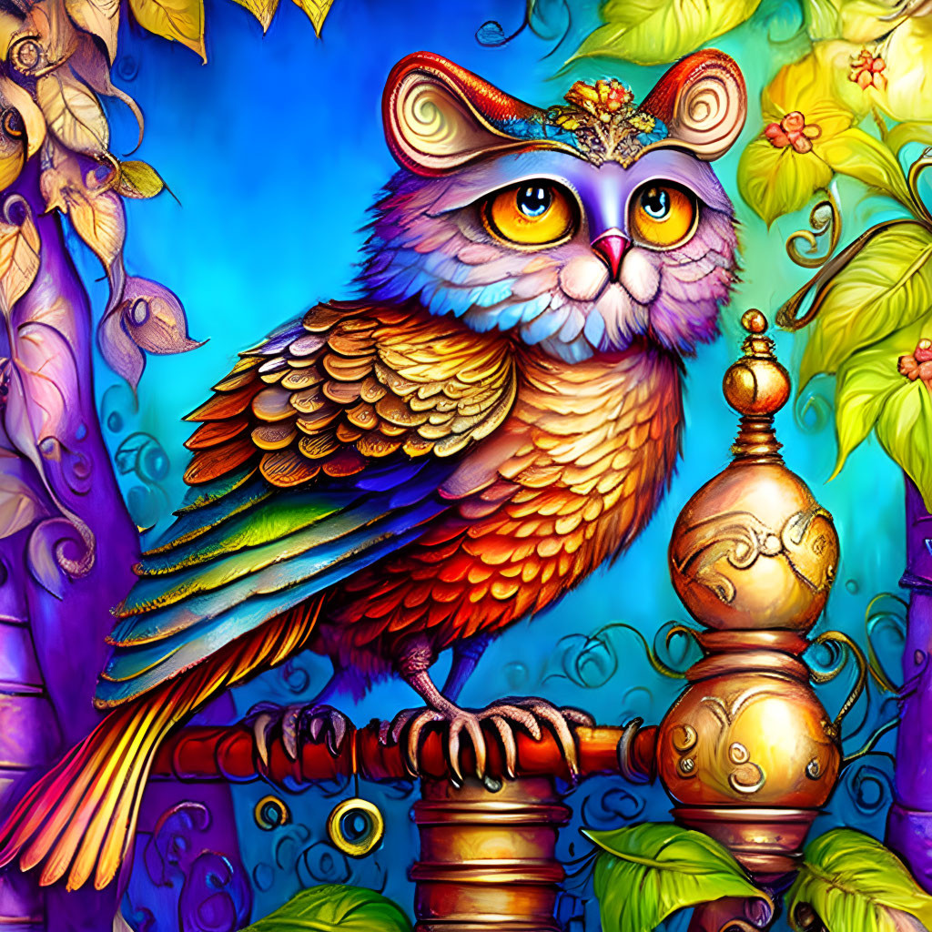 Colorful Owl Illustration with Purple Eyes and Crown on Gilded Stand