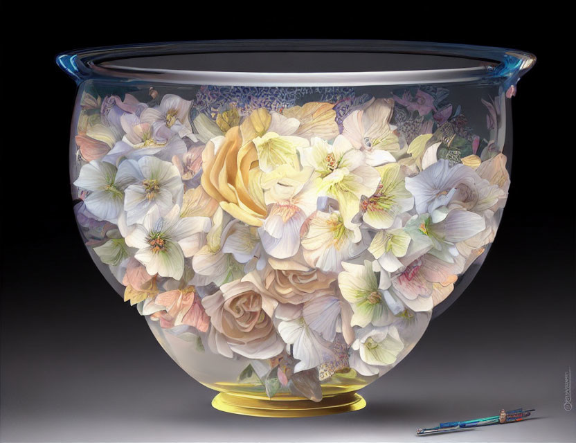 Colorful Flower Design Glass Bowl with Brushes on Dark Background