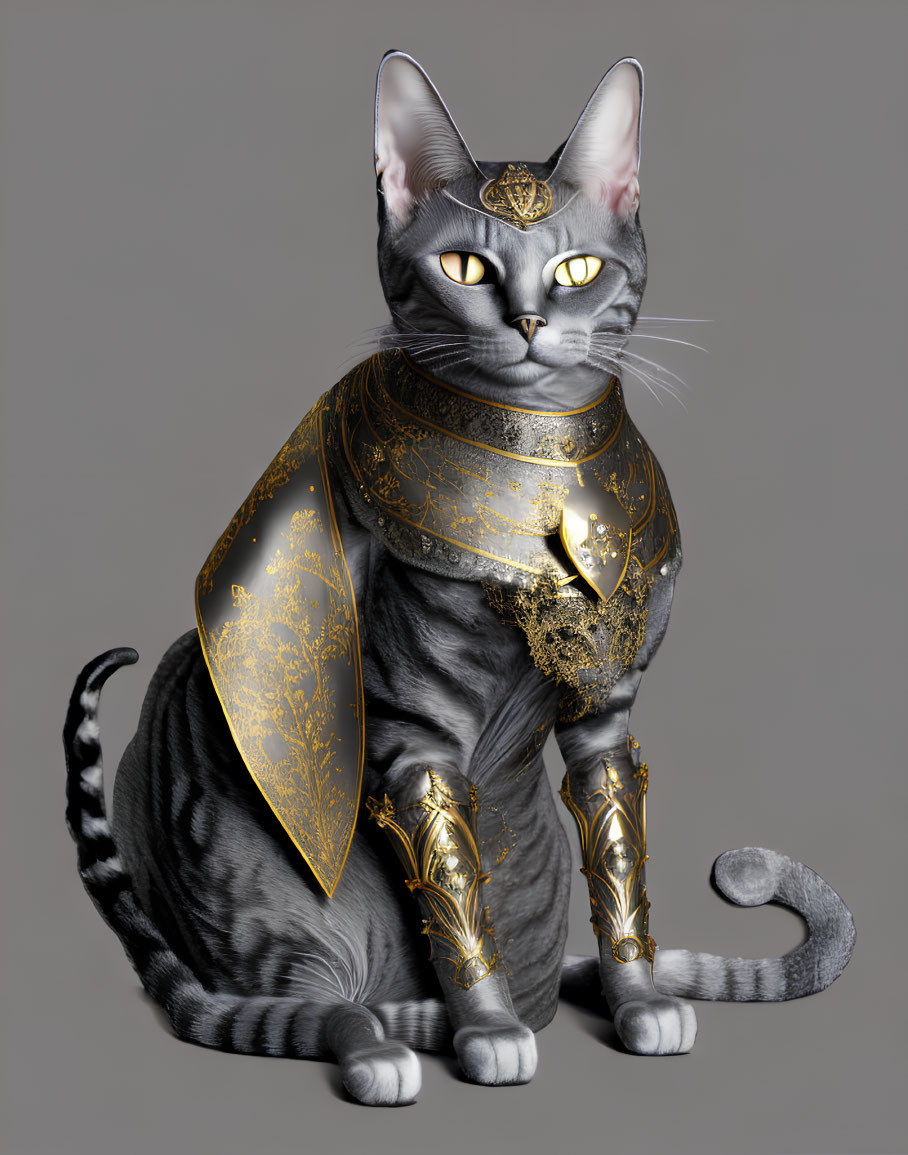 Majestic tabby cat in intricate golden armor with regal headpiece