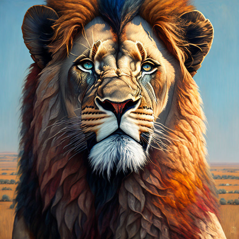 Realistic Lion and Butterfly Painting on Savanna Background