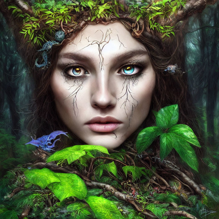 Face of a woman blending into lush foliage with vibrant eyes