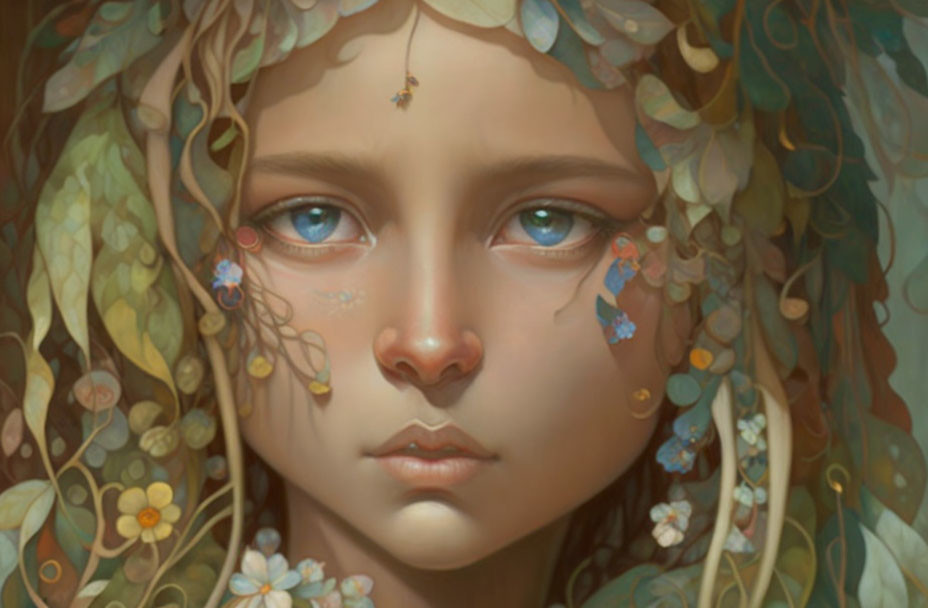 Detailed digital painting: Young girl with solemn blue eyes, adorned with foliage, delicate flowers, and a