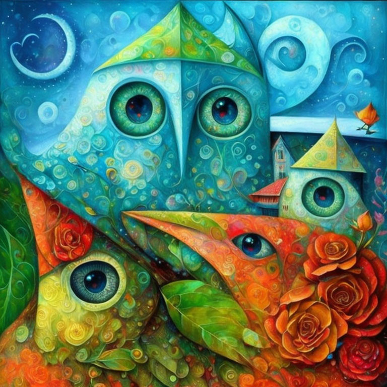 Colorful Abstract Owl Painting with Floral and Geometric Patterns on Celestial Background