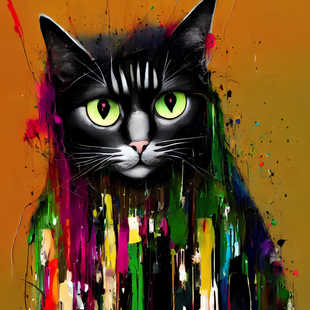 Colorful Digital Art: Black Cat with Green Eyes & Paint Splatters