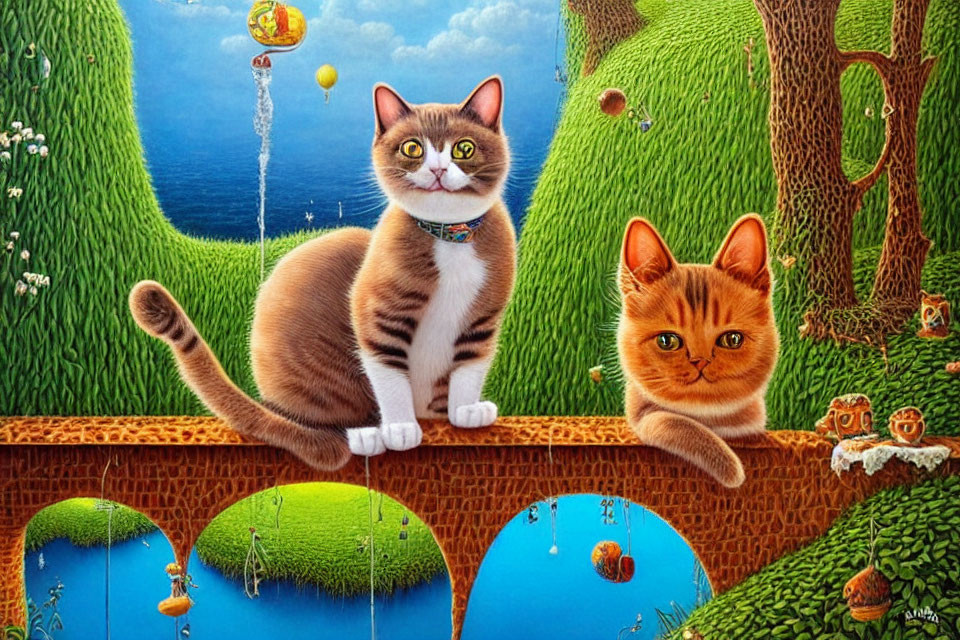 Whimsical bridge scene with two cats and lush landscape
