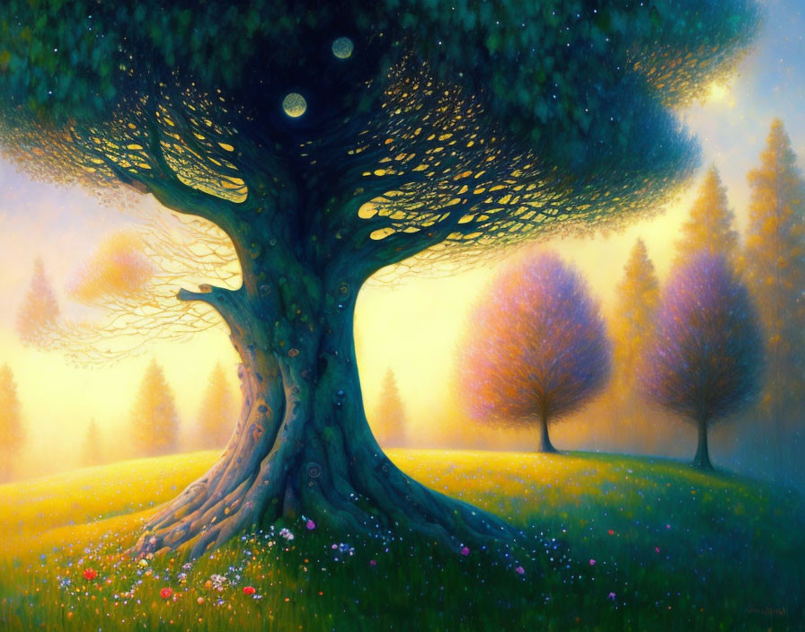 Colorful painting of magical tree with glowing orbs and flowers in dreamy landscape