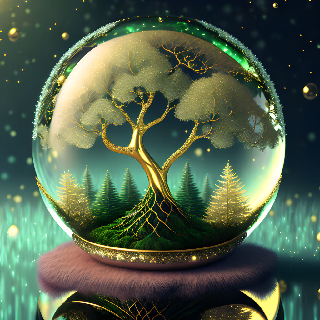 Glowing tree in transparent sphere amid night forest and starry sky