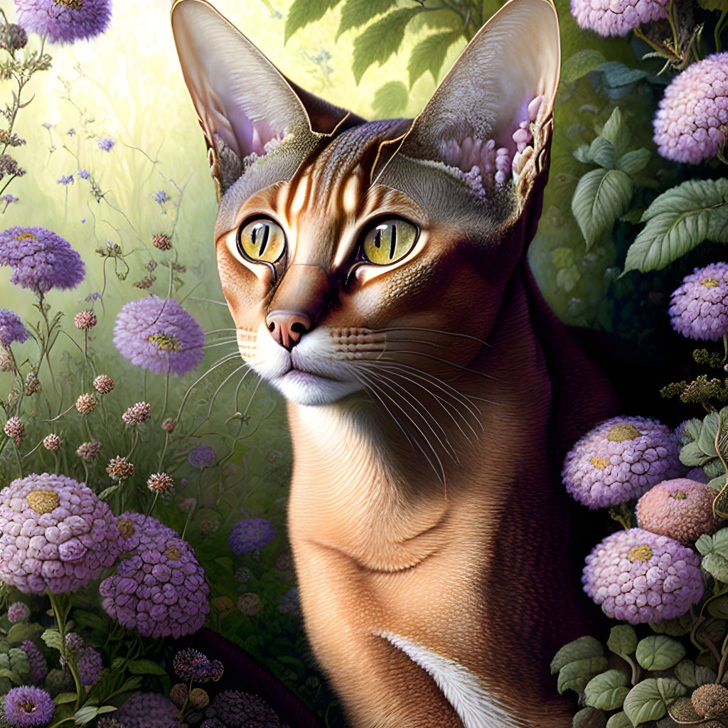 Realistic digital artwork of amber-eyed cat in lush floral setting