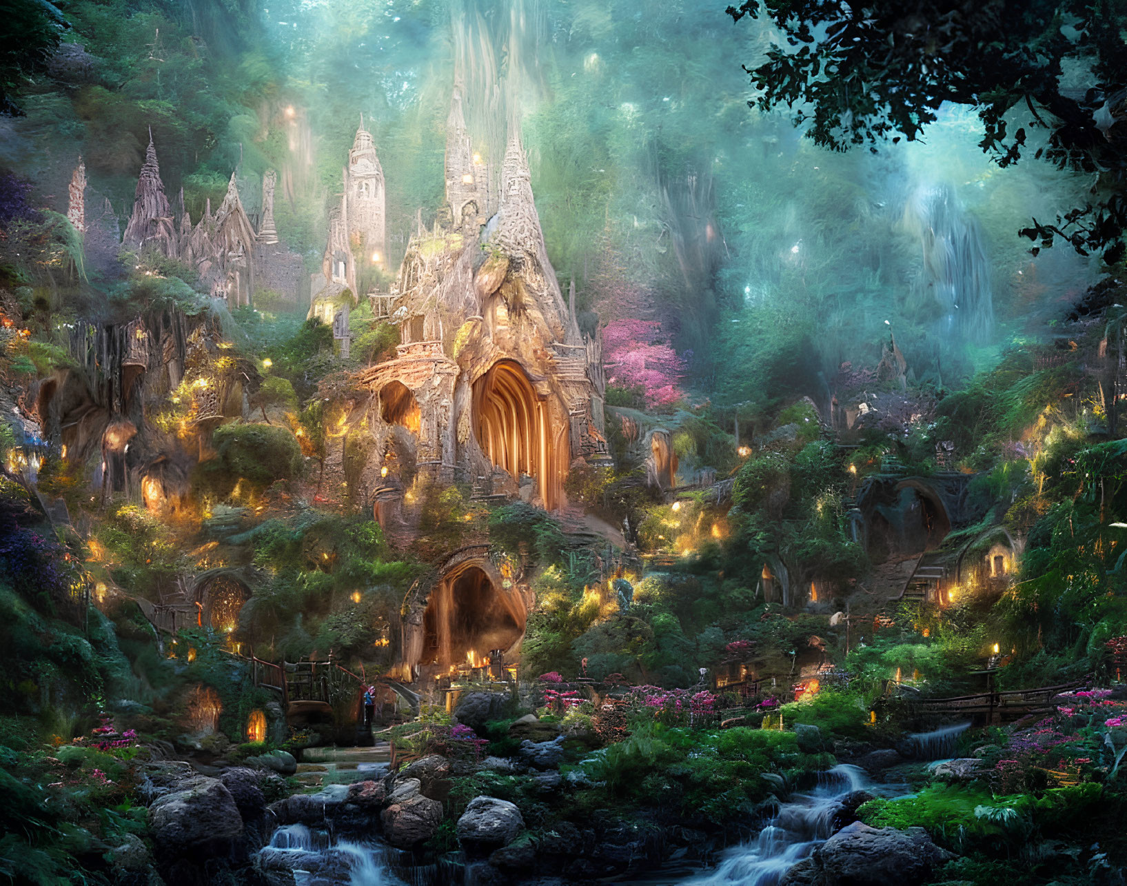 Majestic castle in enchanting fantasy forest with glowing light