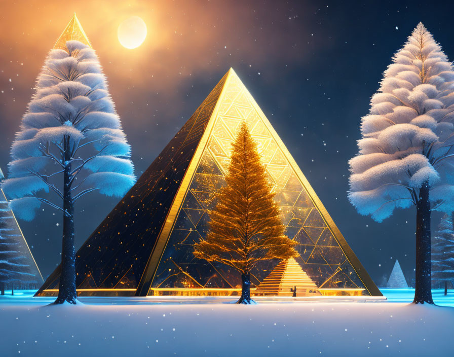 Geometric glowing pyramid in snowy night landscape