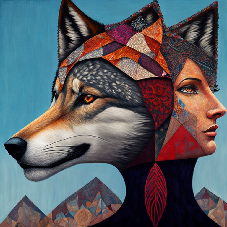 Digital artwork: Wolf to woman transition with geometric patterns