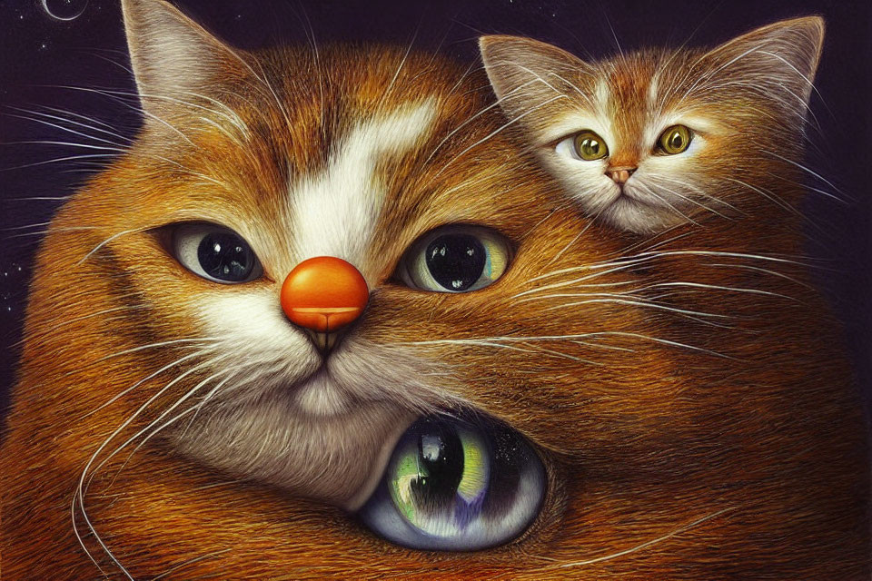 Illustration of stylized orange and white cat with peeking kitten in similar colors