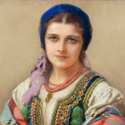 Striking blue-eyed woman in embroidered dress and headscarf against tan backdrop