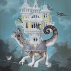 Striped-tailed cat walks on tightrope near whimsical floating castle