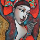 Colorful painting of stylized woman with floral headdress and bird against abstract background