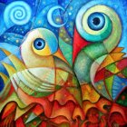Colorful Stylized Bird Artwork with Surreal Elements