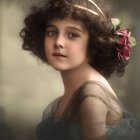 Portrait of fantasy woman with flowing brown hair, adorned with flowers and elegant jewelry