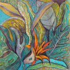 Colorful Tropical Leaves Watercolor Painting in Green, Yellow, Orange, and Blue