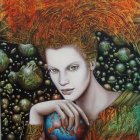 Fantastical illustration: Pale woman, white hair, colorful dragons