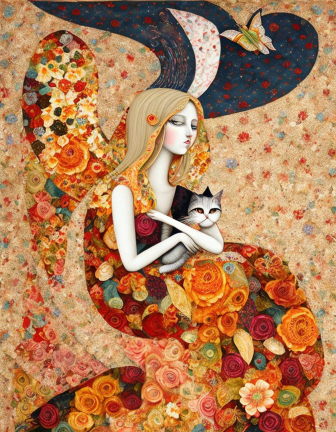 Colorful Illustration of Woman with Butterfly Wings and Cat in Floral Setting