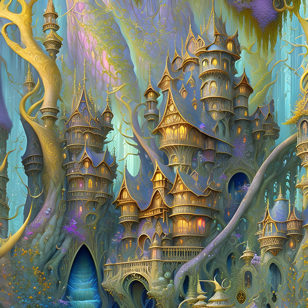 Golden castle with ornate towers in purple-hued enchanted forest
